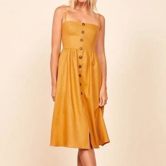 Reformation tori linen midi dress in ochre - Picture 1 of 6